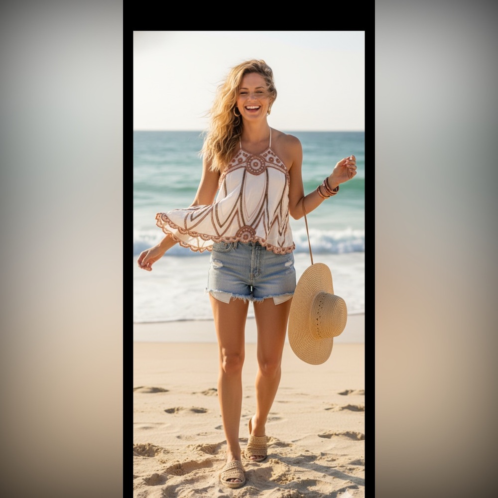 Free People White and Brown Boho Blouse